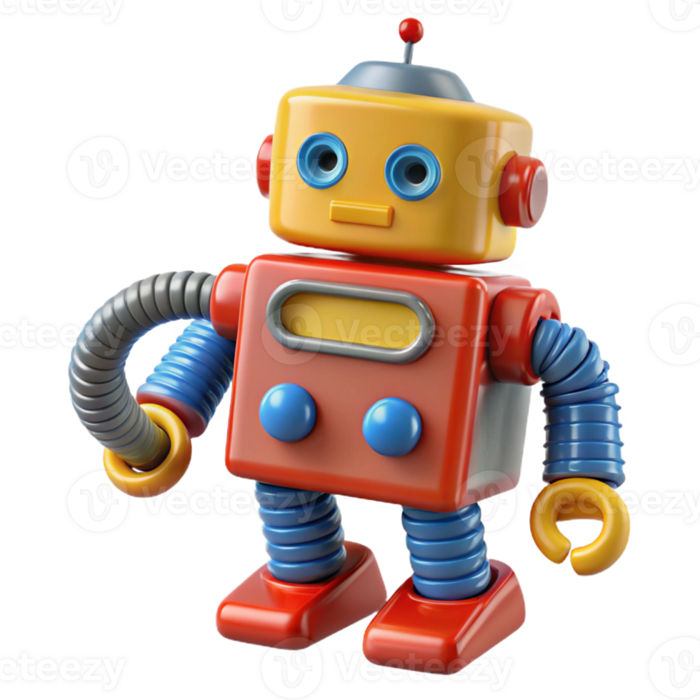 elegant artistic A vintage, toy robot with bright, primary colors winding down, its key protruding from its back. Retro illustration style original png