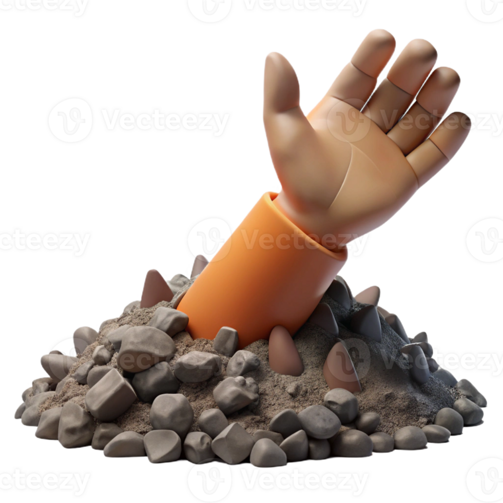 vibrant minimalist A withered hand reaching out from beneath a pile of rubble, haunting and symbolic, dim and dusty lighting detailed png