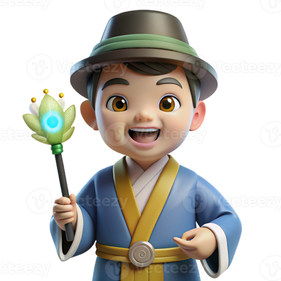 extraordinary vintage A cunning Korean Dokkaebi with a mischievous grin, wearing a traditional gat, holding a magical gamtu. Folk art style premium png