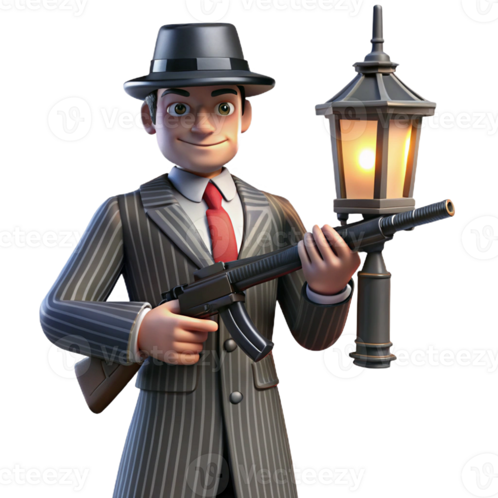 extraordinary creative A 1920s gangster in a pinstripe suit holding a Tommy gun, illuminated by the harsh light of a streetlamp. Noir, cinematic lighting genuine png