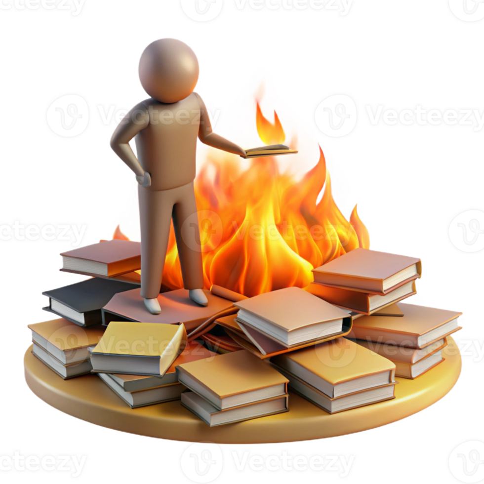 beautiful vintage A lone figure standing amidst a field of burning books, symbolic of censorship and oppression, fiery orange lighting high resolution png