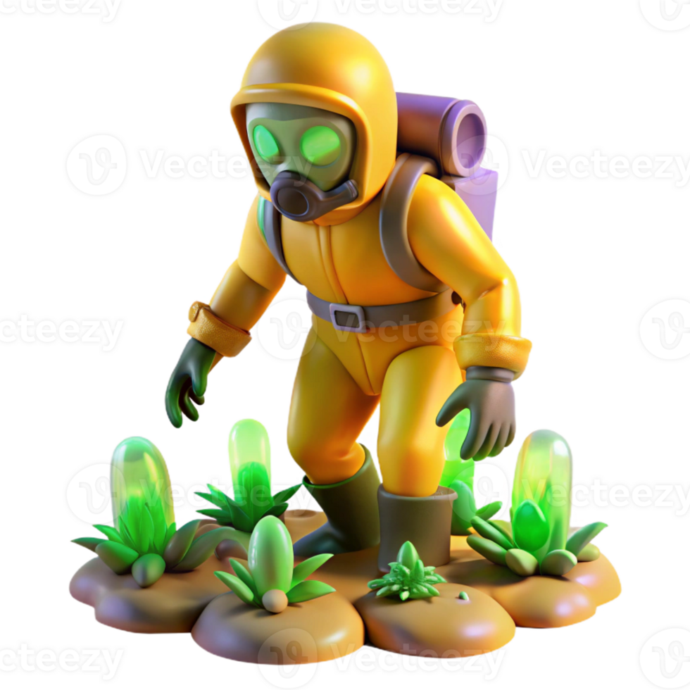 impressive creative A figure in a hazmat suit exploring a toxic wasteland, illuminated by the eerie glow of mutated plants, sci-fi horror style, high quality png