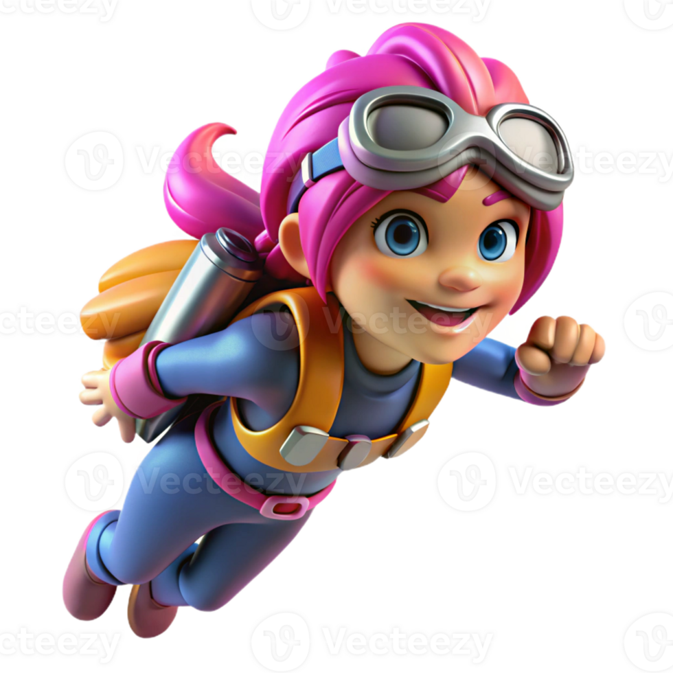 beautiful traditional A determined young girl with bright pink hair and freckles, wearing a jetpack and goggles, soaring through the air, vibrant comic book style with cel-shading high quality png