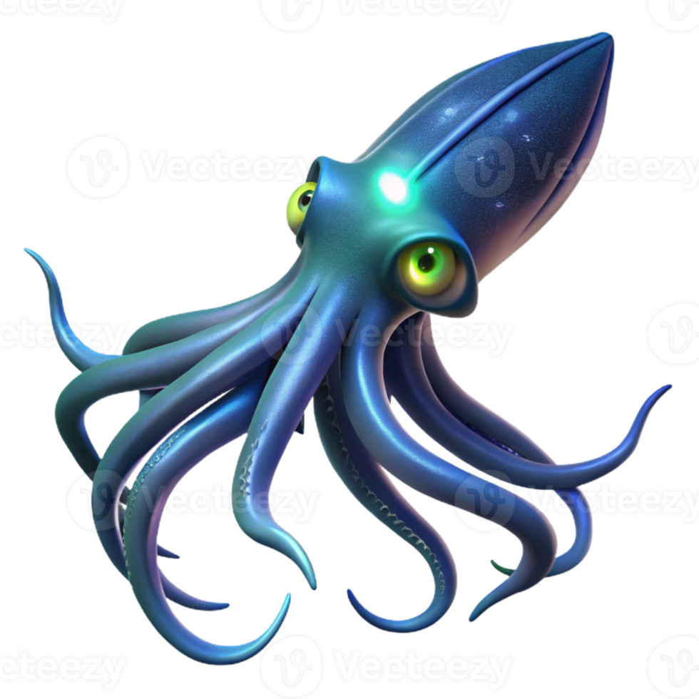 dramatic abstract A giant squid swimming in the deep ocean, illuminated by bioluminescent creatures, portrayed in a mysterious, dark style high quality png