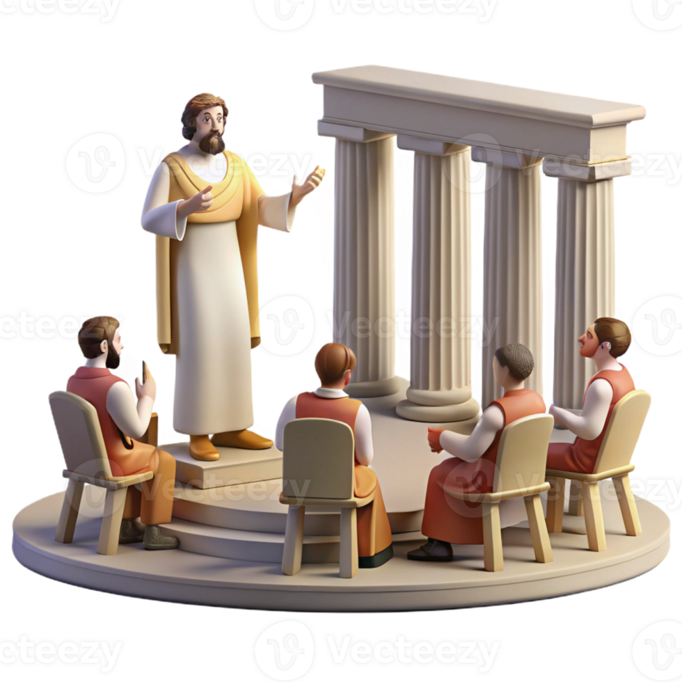 wonderful modern An ancient Greek philosopher lecturing to his students in an open-air amphitheater, bathed in the warm sunlight. Classical, realistic style 4K png
