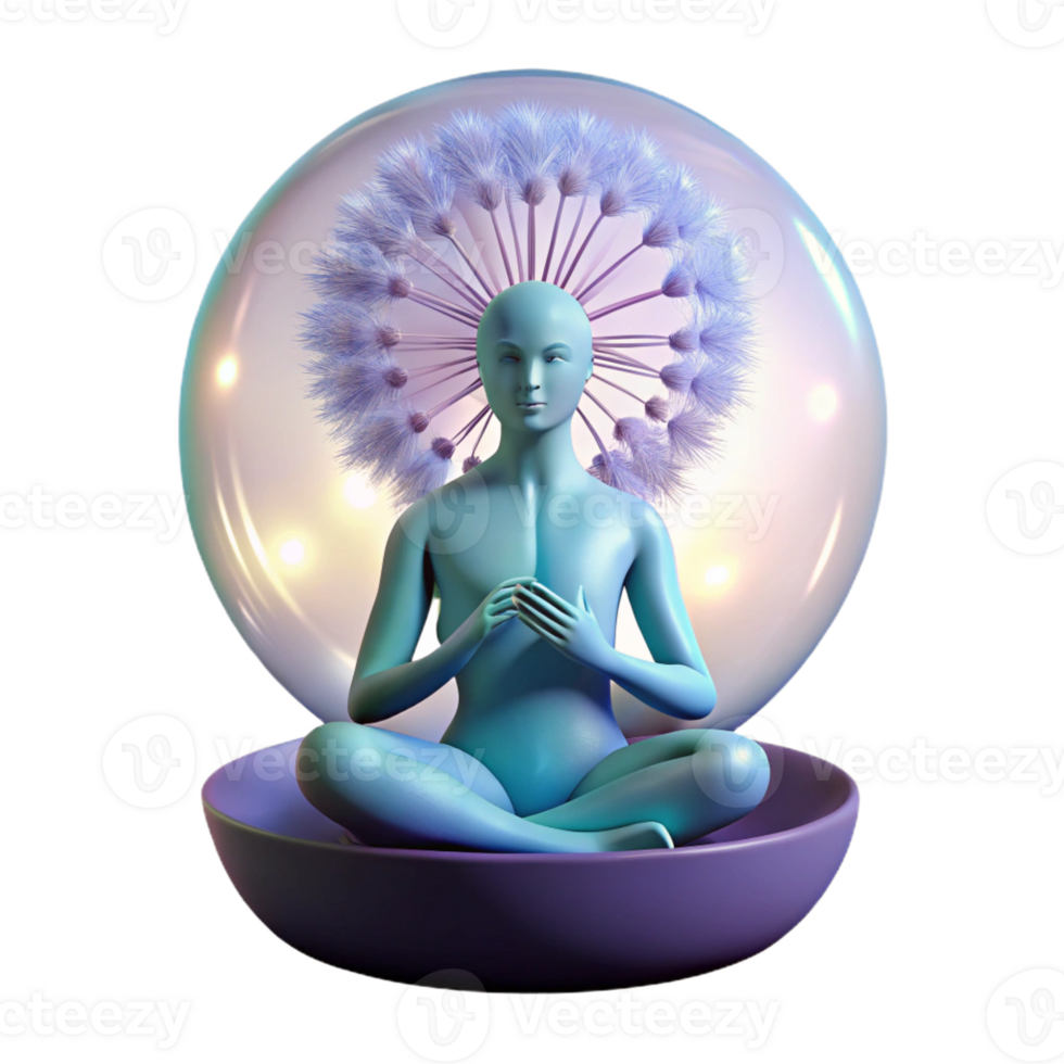 serene rustic A solitary figure with bioluminescent skin, meditating within a giant dandelion seedhead, lit by the ethereal glow of a nebula, Art Nouveau style genuine png