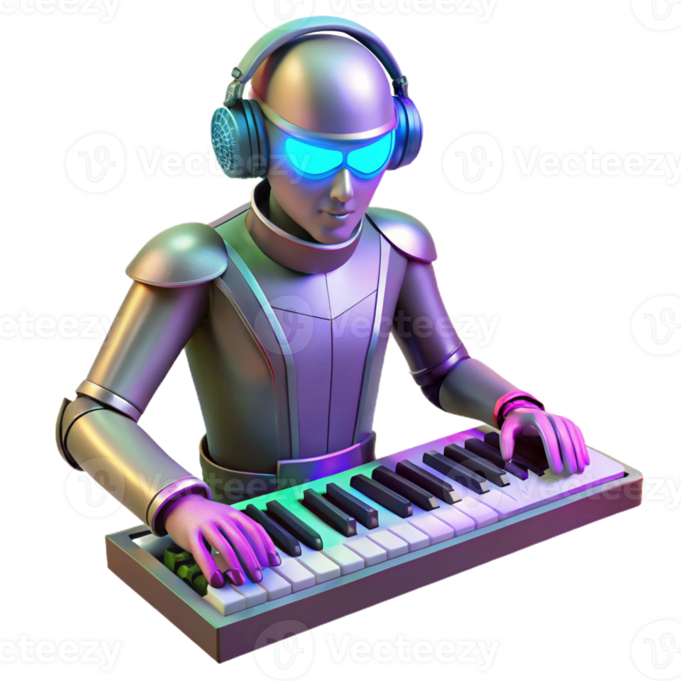 elegant rustic A robotic musician playing a futuristic synthesizer, surrounded by pulsating, neon lights. Synthwave style high resolution png
