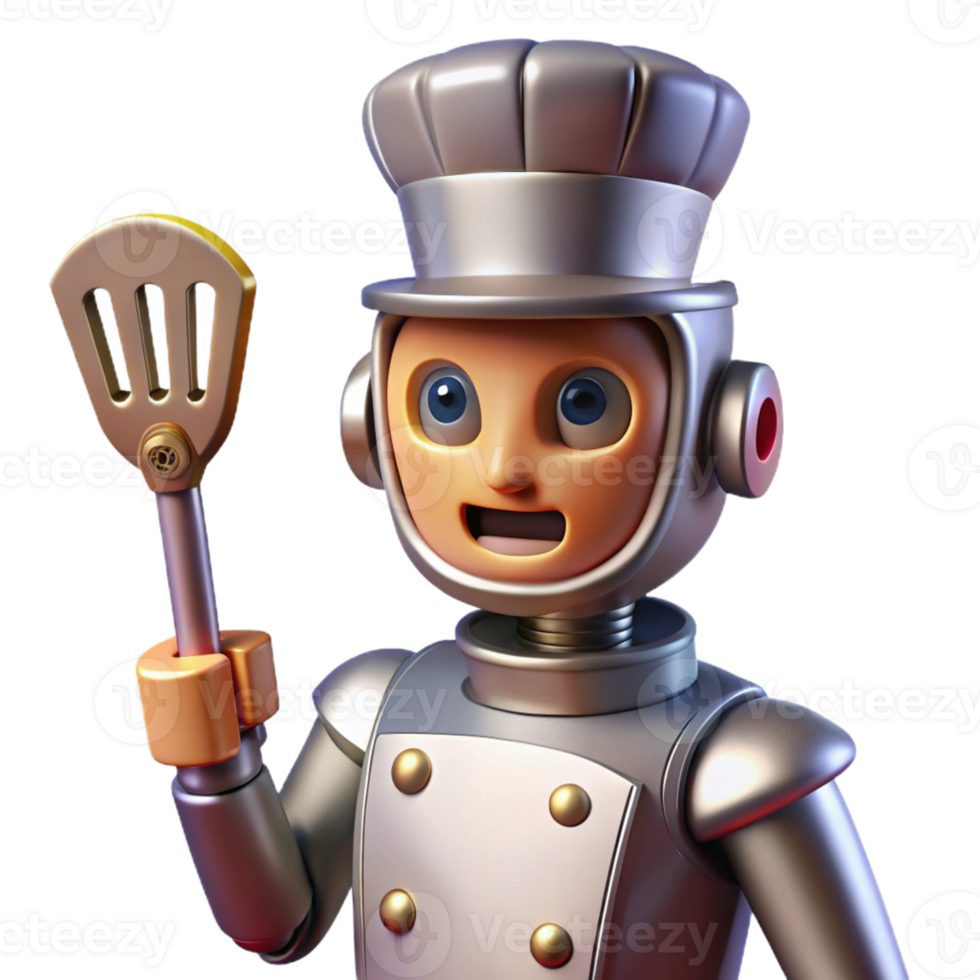 extraordinary modern A sleek robot chef holding a spatula and wearing a chef's hat, metallic sheen, spotlight from the front, retro-futuristic cartoon style exclusive png