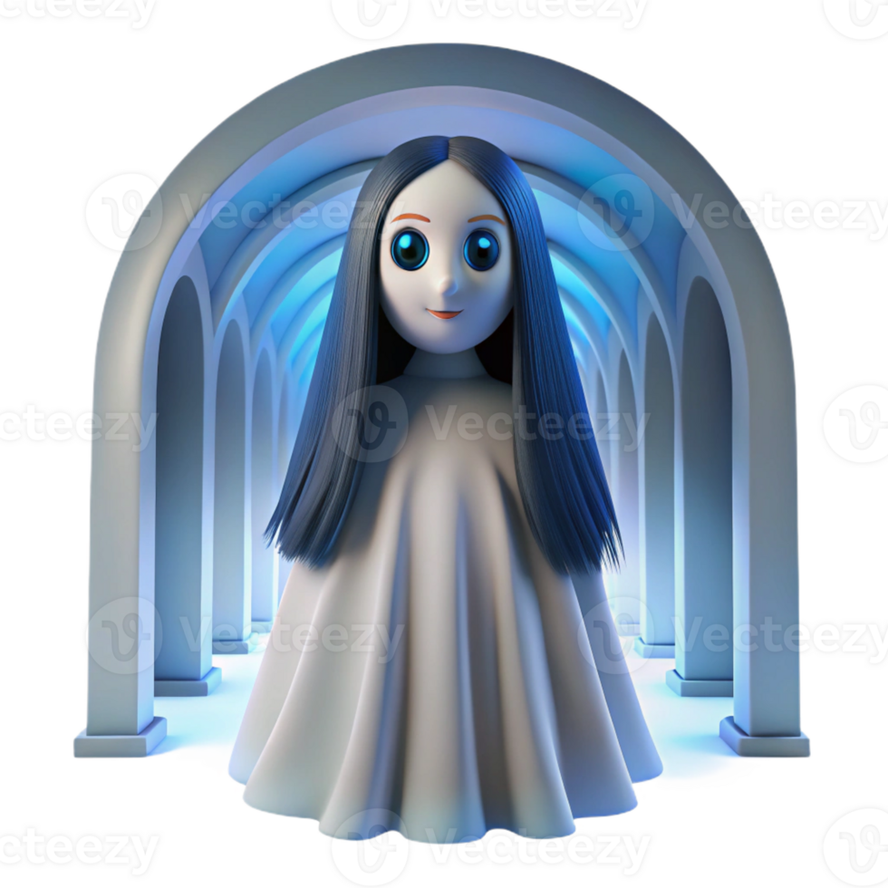 extraordinary abstract A spectral figure with hollow eyes and long, flowing black hair floating through a crumbling hallway. Cold, ethereal blue lighting. Ghost story, romanticism style 4K png