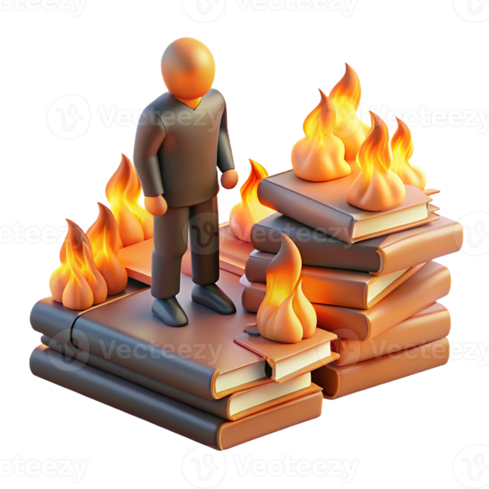 beautiful vintage A lone figure standing amidst a field of burning books, symbolic of censorship and oppression, fiery orange lighting 4K png