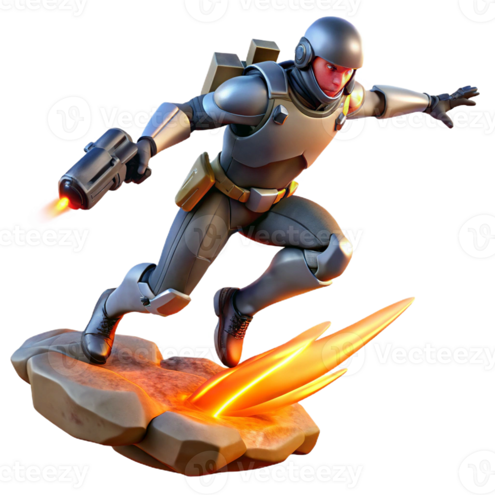impressive minimalist A futuristic soldier leaps across a chasm, energy weapons blazing. Dynamic action pose, cyberpunk style professional png