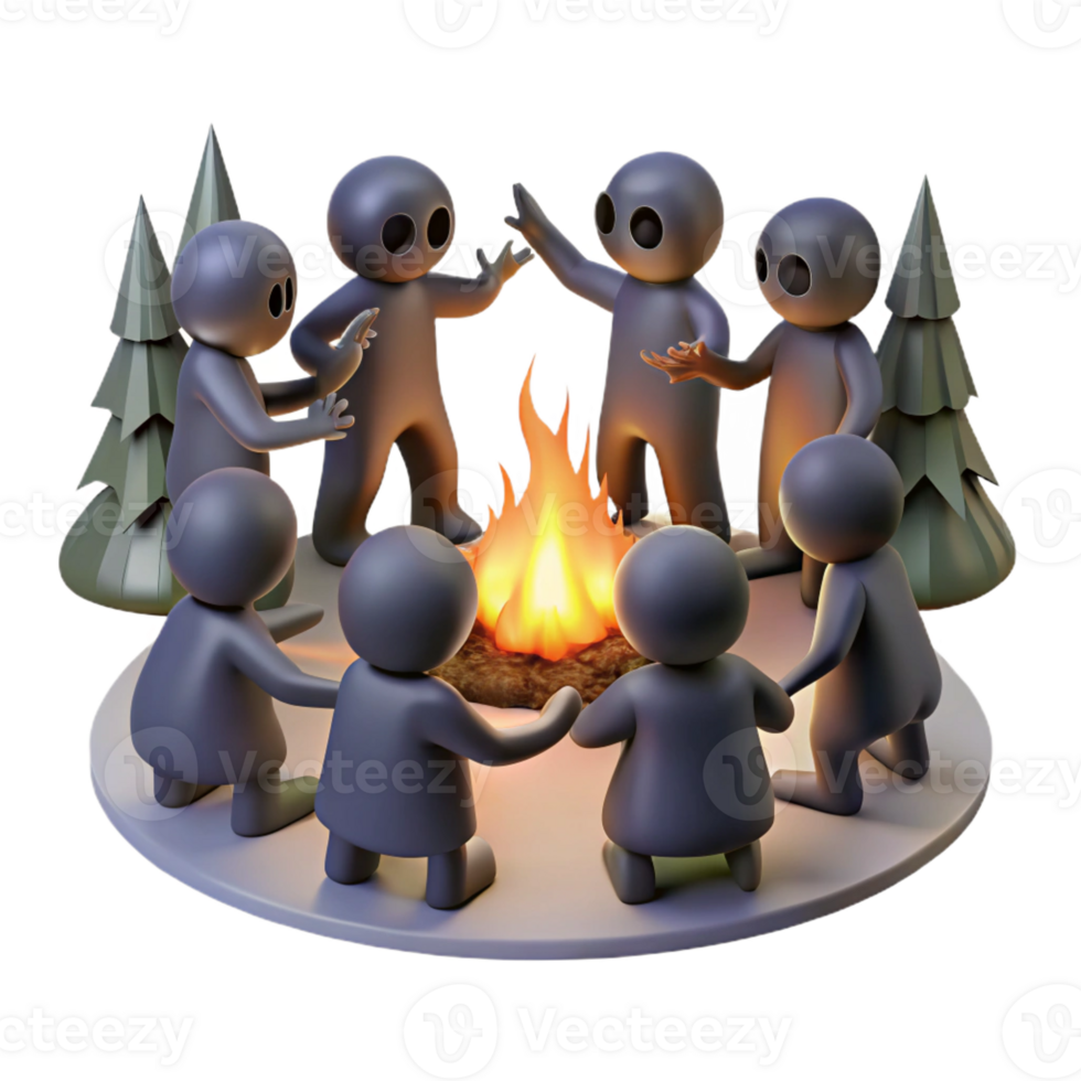 extraordinary abstract A group of shadowy figures chanting around a bonfire in a dark forest. Firelight casting flickering shadows. Cult horror, folk horror style high resolution png