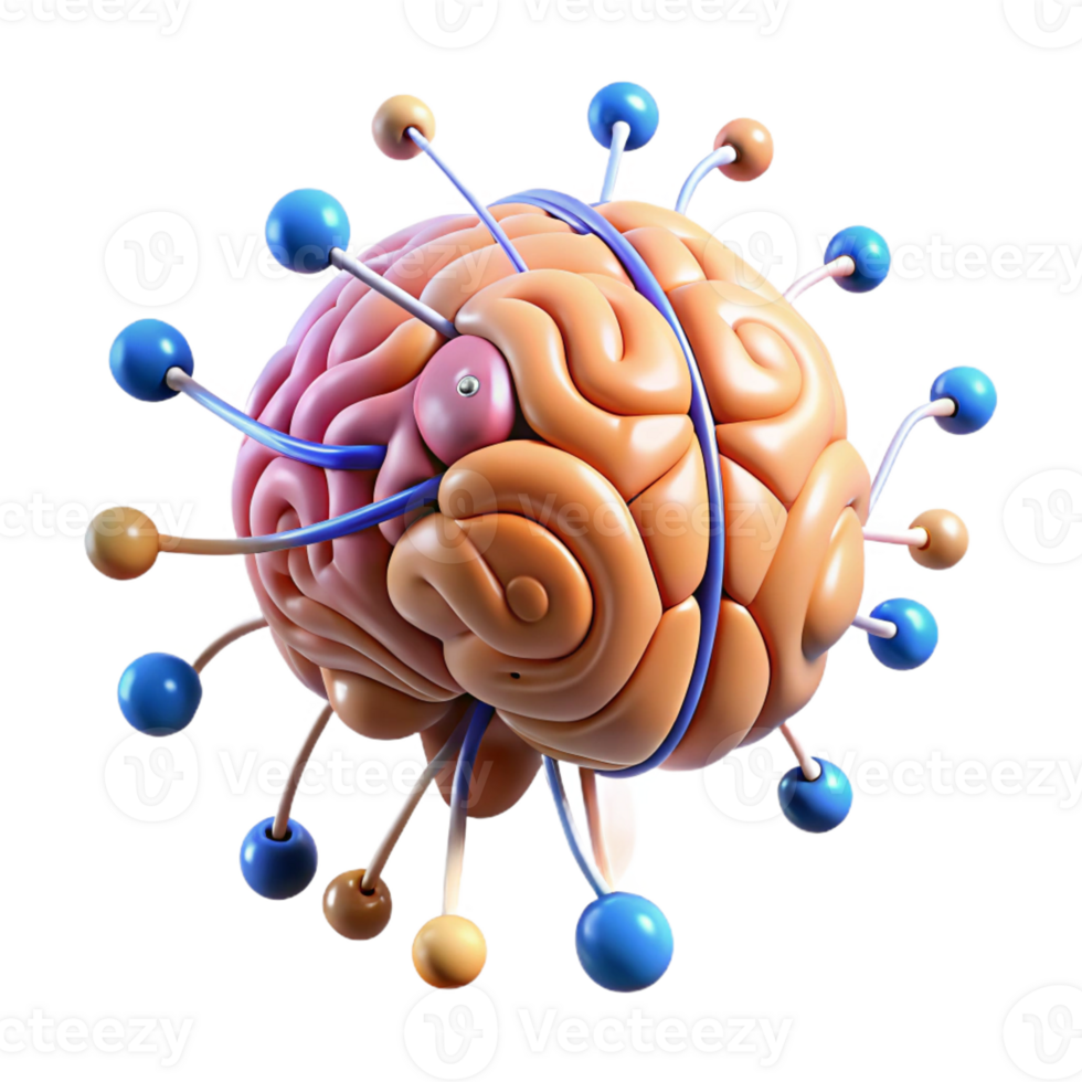 elegant classic A human brain connected to a complex network of wires and circuits, floating in a digital space. Electric, vibrant lighting. Biopunk style genuine png