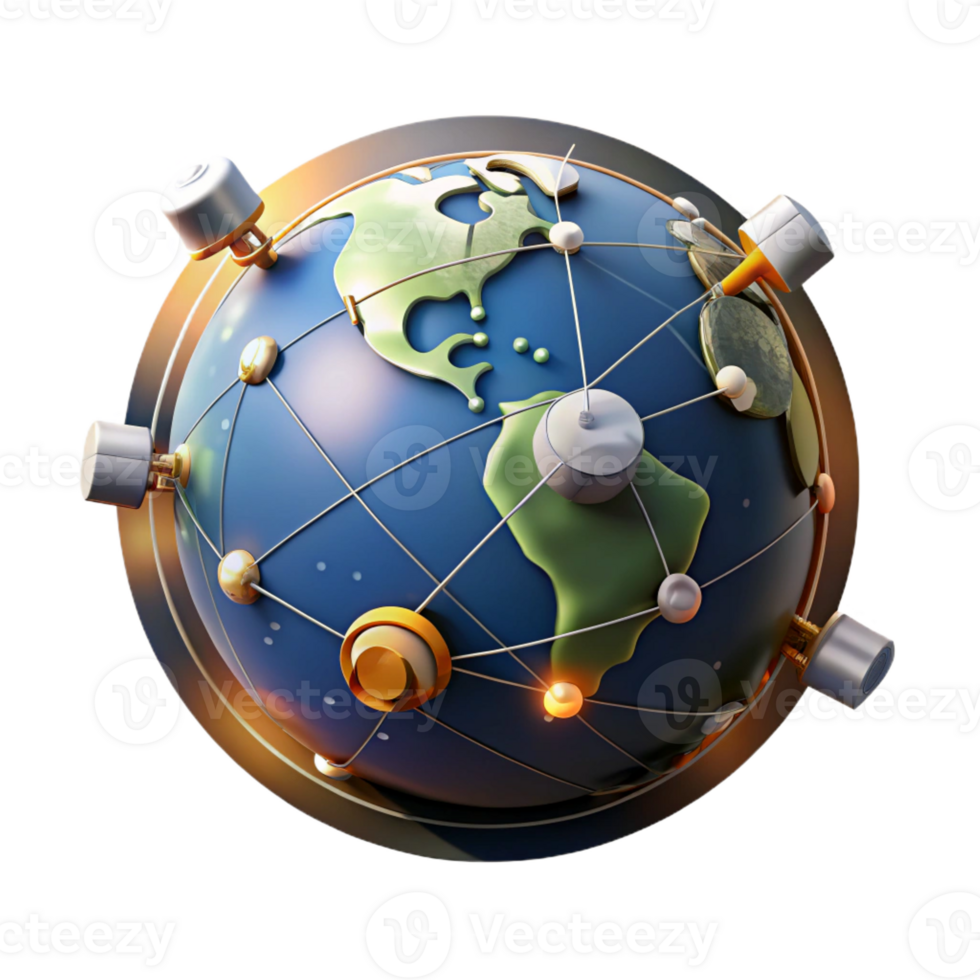 dramatic artistic A network of satellites orbiting a stylized Earth, illuminated by the sun's rays and city lights, rendered in a realistic, space exploration style authentic png