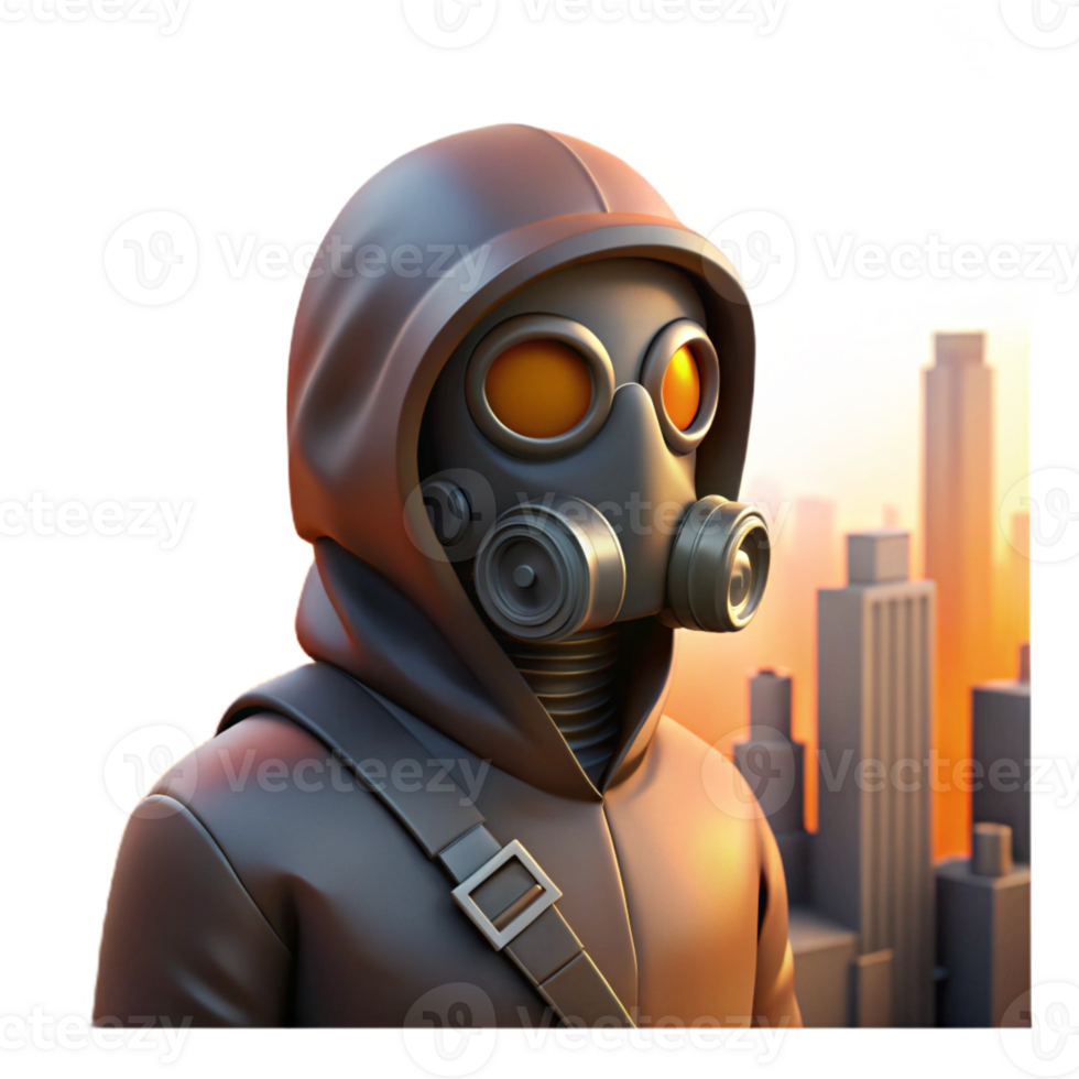 dramatic modern A lone figure in a gas mask staring out at a polluted skyline, dystopian and atmospheric, hazy orange lighting professional png