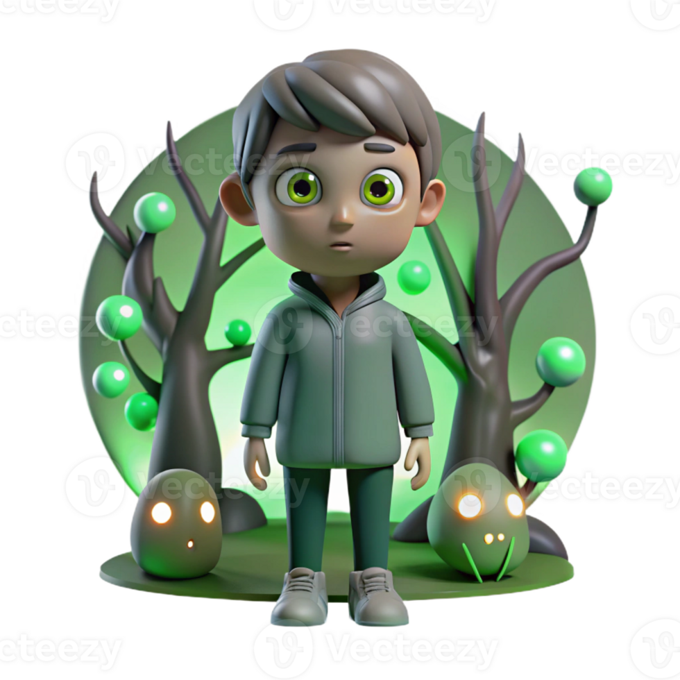 wonderful vintage A lone child standing in a dark forest, surrounded by glowing eyes. Eerie green lighting. Supernatural horror, fairytale horror style original png