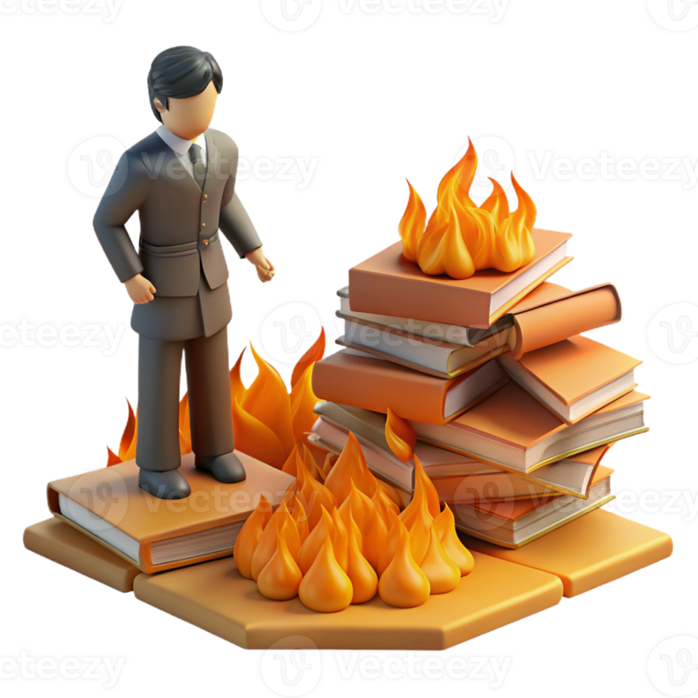 serene artistic A lone figure standing amidst a field of burning books, symbolic of censorship and oppression, fiery orange lighting high quality png