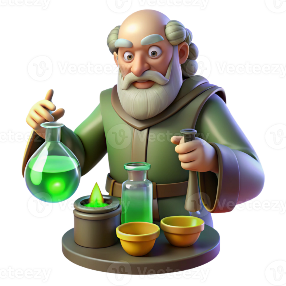 beautiful contemporary A wise old alchemist mixing potions in his cluttered laboratory, lit by the eerie green glow of magical ingredients, in a fantasy art style professional png