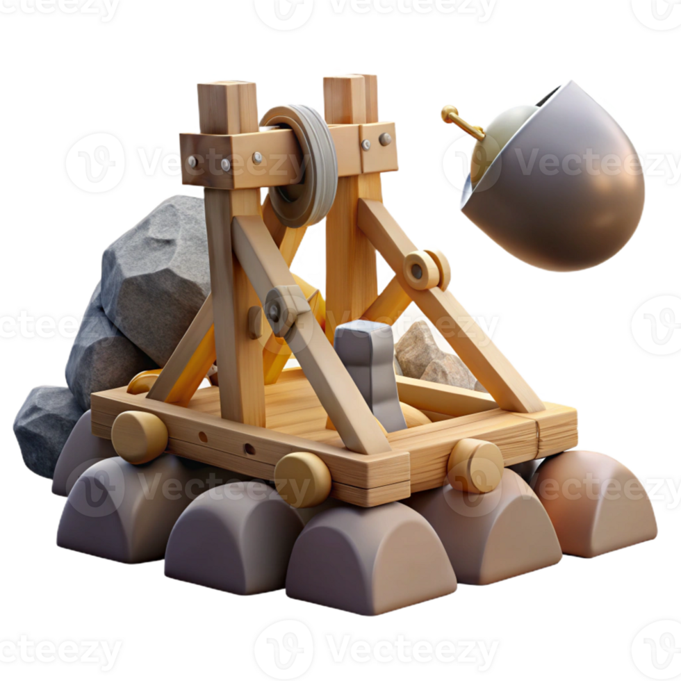 impressive rustic A medieval siege engine hurls a massive boulder at a castle wall. Dramatic action scene, historical fantasy style premium png