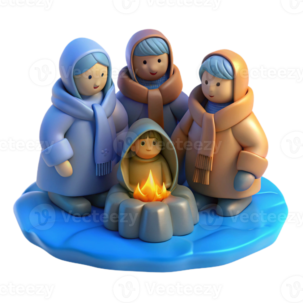 elegant artistic A group of refugees huddled together for warmth in a freezing wasteland, desperate and poignant, cold blue lighting genuine png