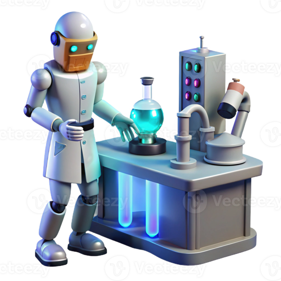 extraordinary rustic A robotic scientist conducting an experiment in a high-tech laboratory, illuminated by the glow of monitors and equipment. Scientific illustration style premium png