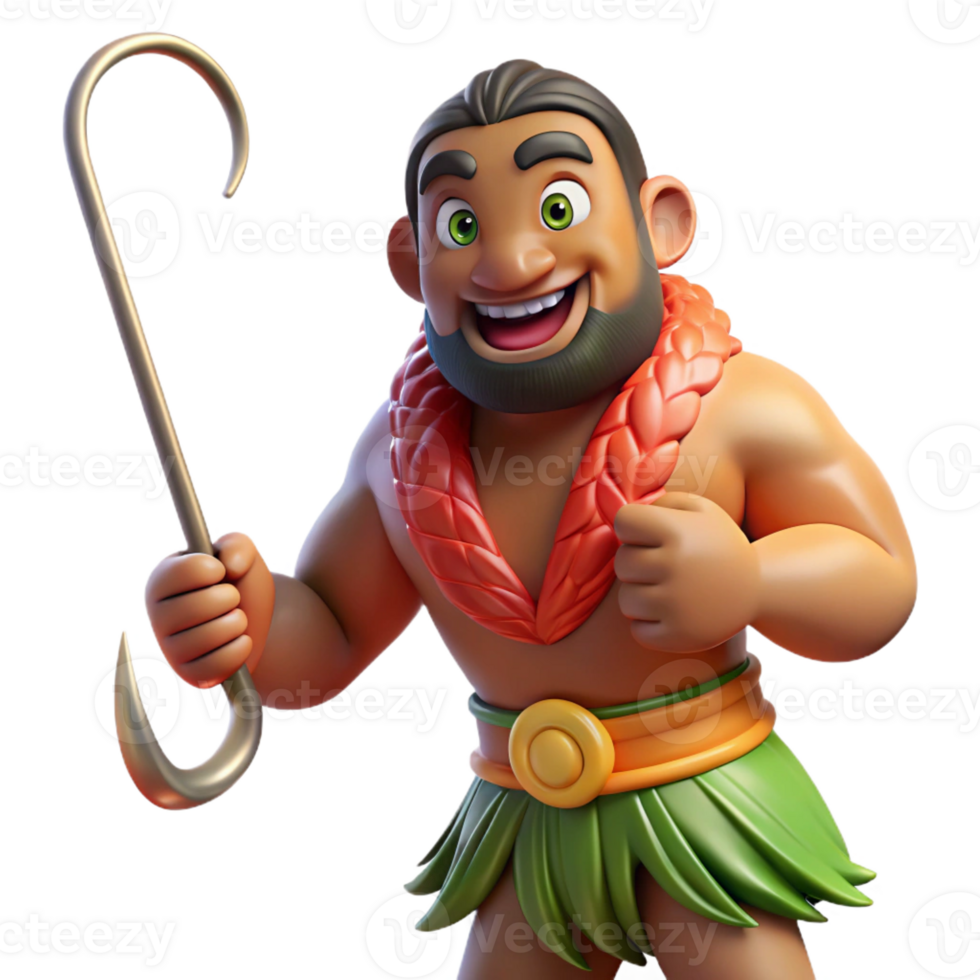 extraordinary creative A mysterious Polynesian Maui fishing up islands from the ocean depths, muscles straining, sunlight glinting off his magical fishhook. Realistic style, vibrant lighting premium png