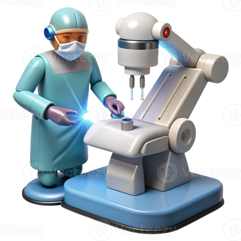 elegant contemporary A robotic surgeon performing a delicate procedure with laser tools, illuminated by a focused, surgical light, rendered in a hyperrealistic, medical illustration style authentic png