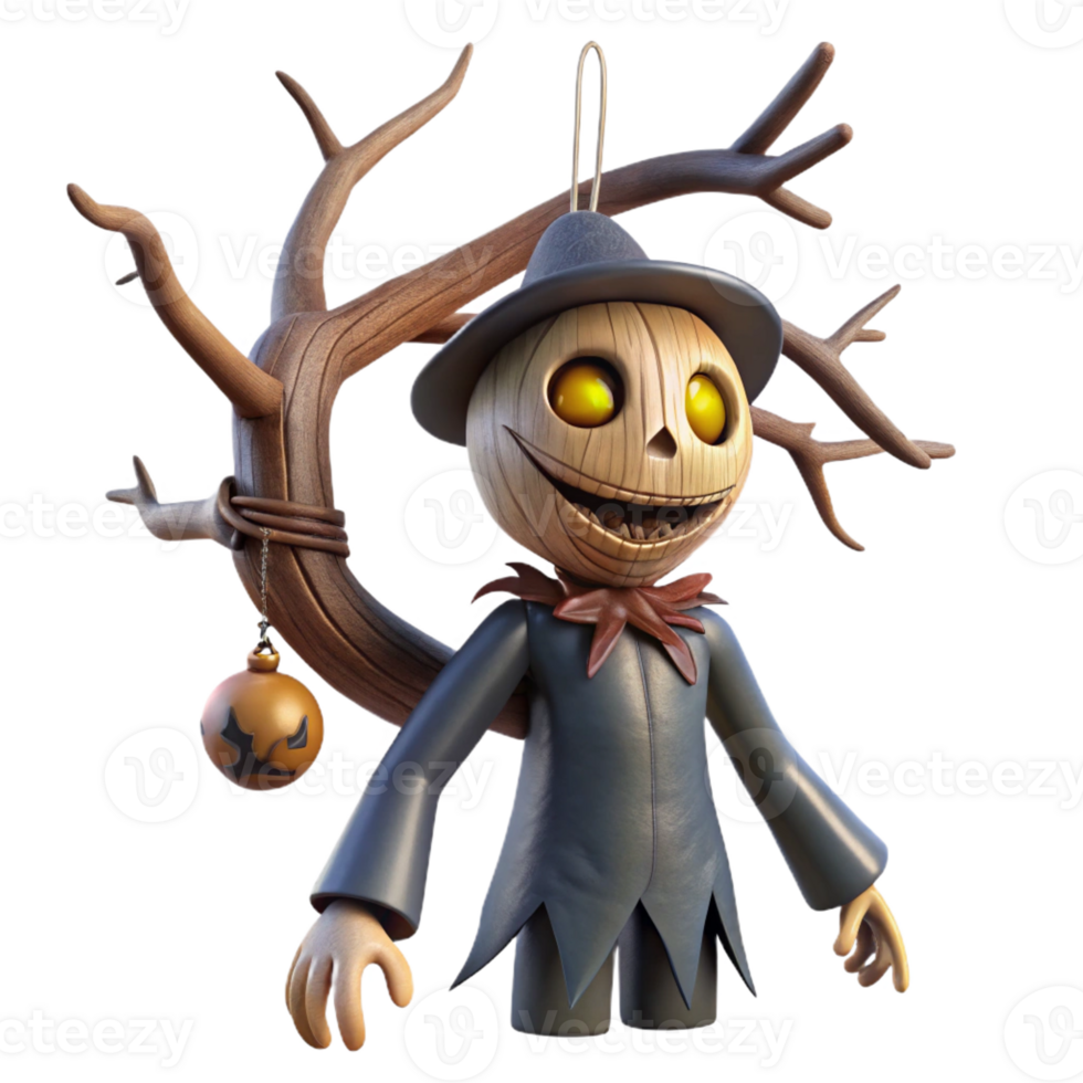 stunning artistic A decaying scarecrow with a stitched-on smile hanging from a gnarled tree in a desolate field. Harsh midday sun casting stark shadows. Rural horror, folk horror style authentic png