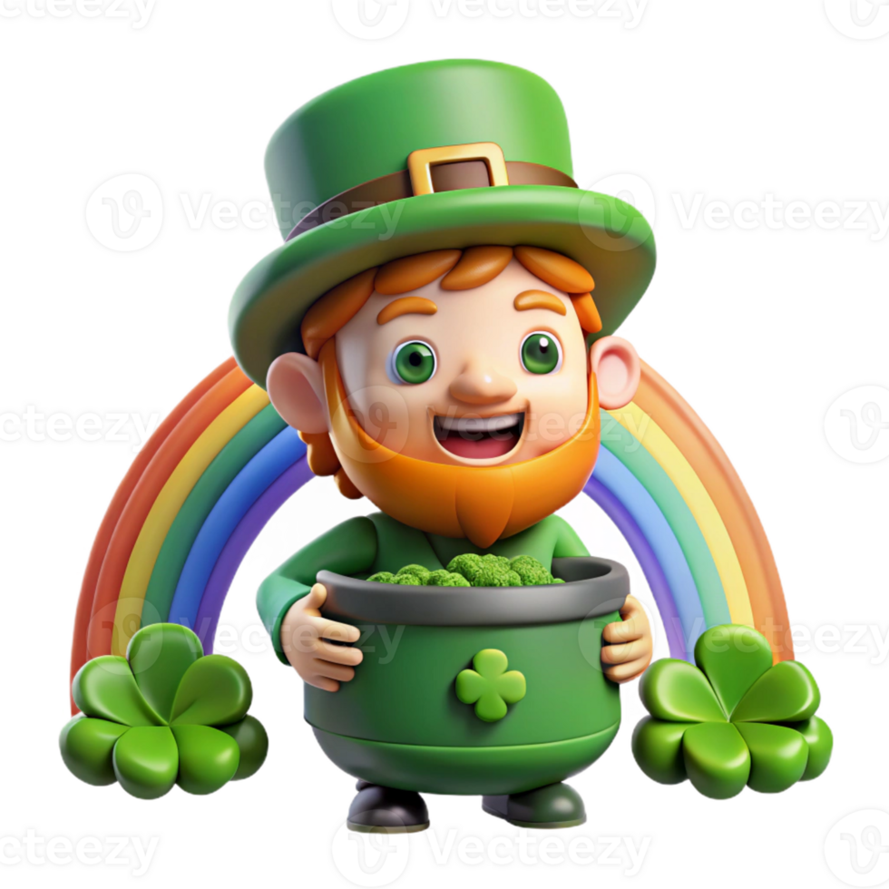 magnificent creative A whimsical Irish leprechaun hiding a pot of gold at the end of a rainbow, surrounded by four-leaf clovers. Cartoon style high resolution png