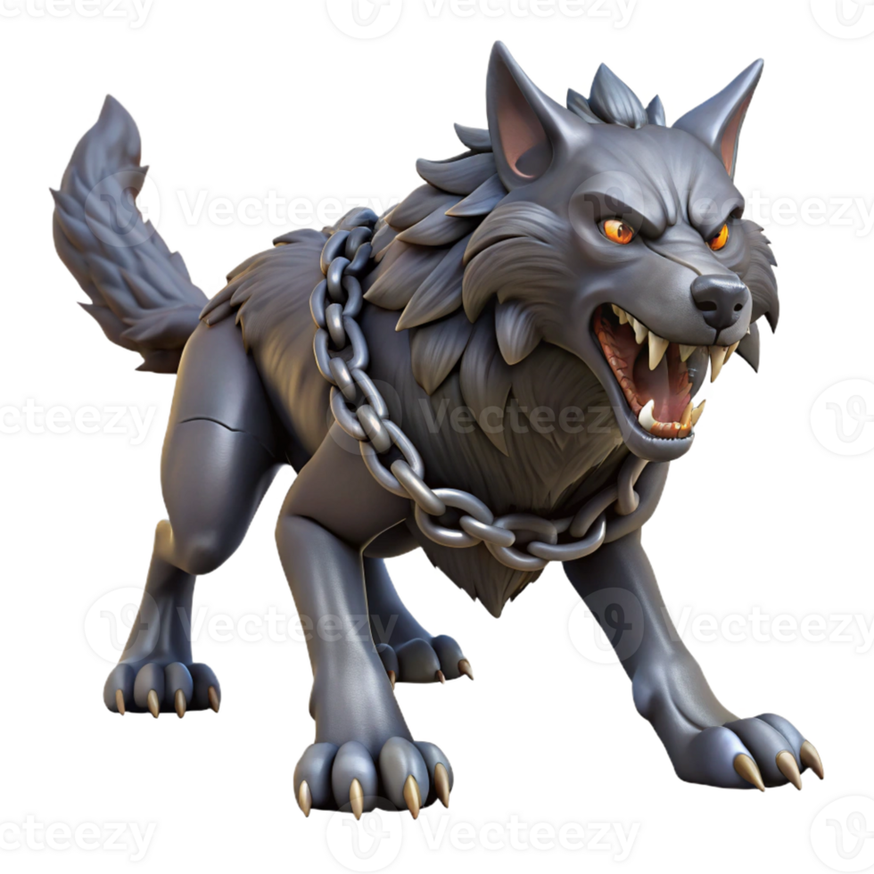 dramatic classic A fierce Norse Fenrir, monstrous wolf bound by Gleipnir, struggling against his chains. Dark fantasy style, dramatic lighting professional png