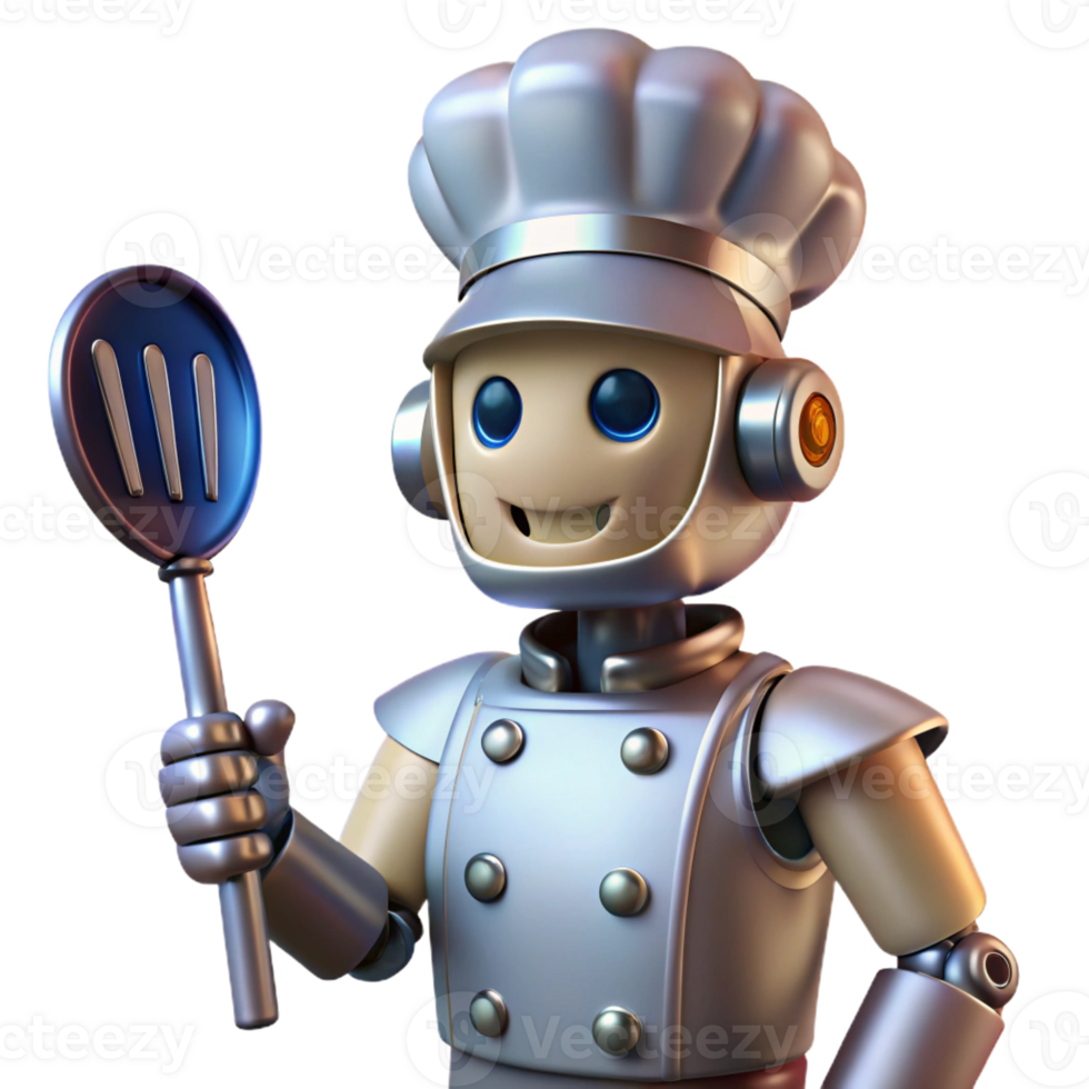 impressive classic A sleek robot chef holding a spatula and wearing a chef's hat, metallic sheen, spotlight from the front, retro-futuristic cartoon style exclusive png
