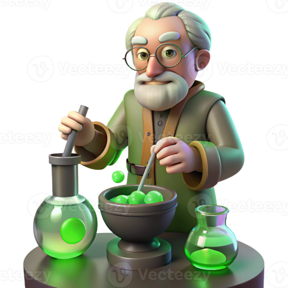 impressive classic A wise old alchemist mixing potions in his cluttered laboratory, lit by the eerie green glow of magical ingredients, in a fantasy art style genuine png