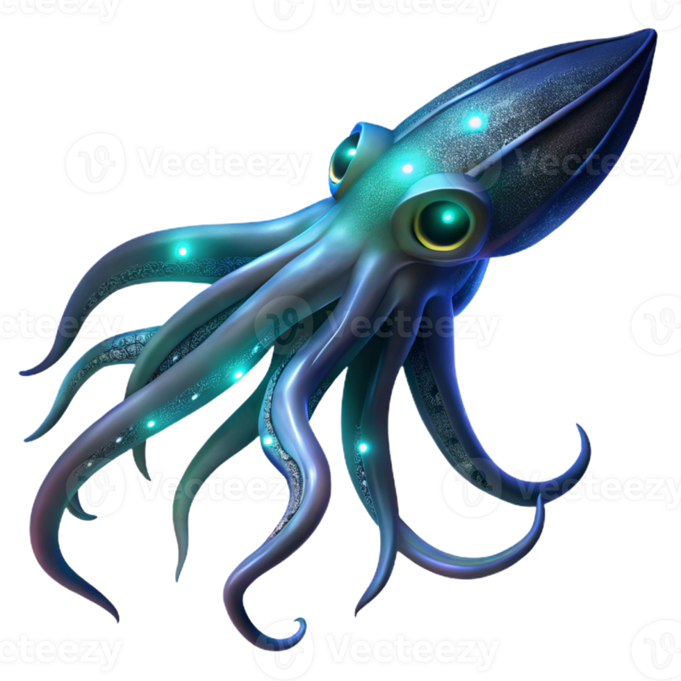 beautiful minimalist A giant squid swimming in the deep ocean, illuminated by bioluminescent creatures, portrayed in a mysterious, dark style high resolution png