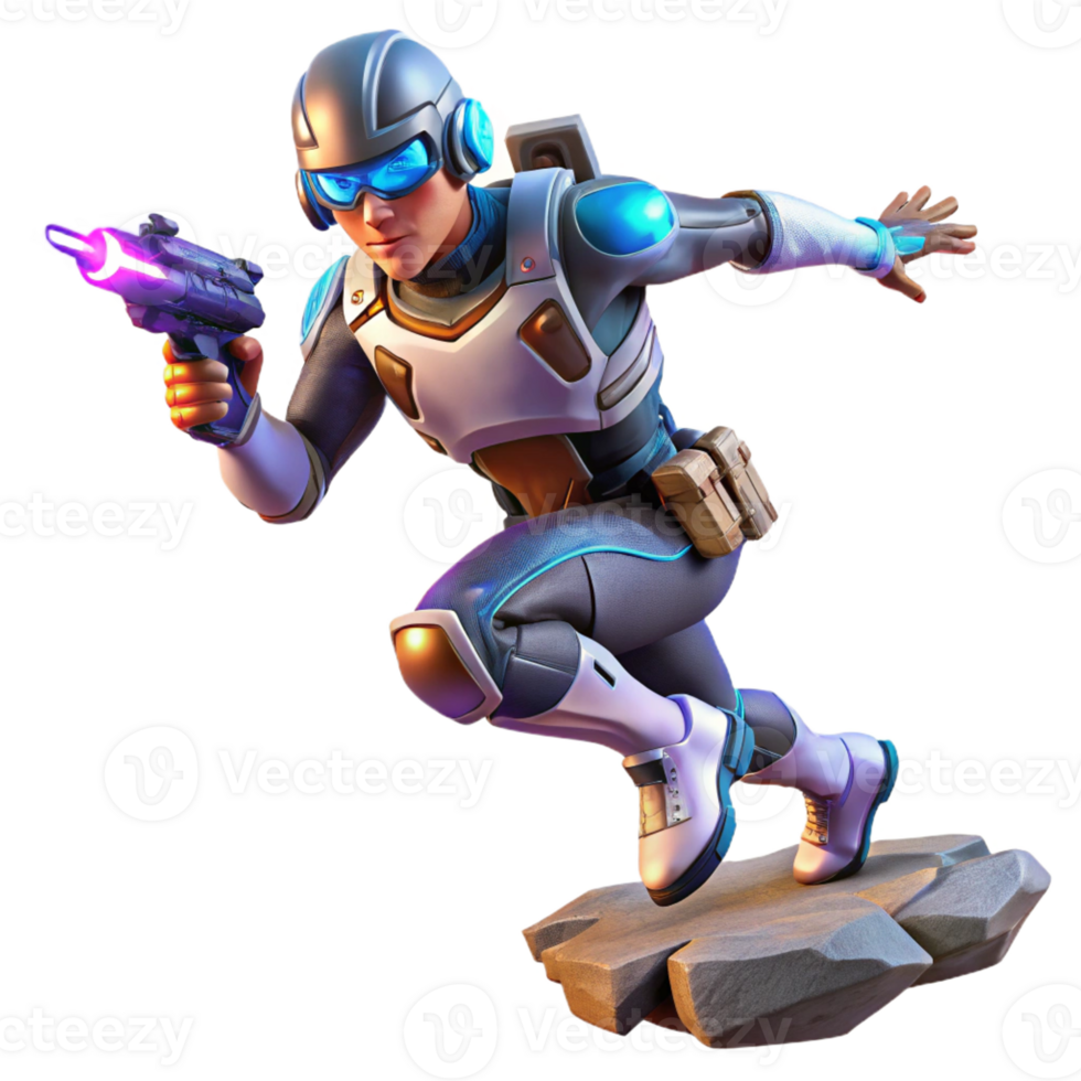 elegant modern A futuristic soldier leaps across a chasm, energy weapons blazing. Dynamic action pose, cyberpunk style premium png