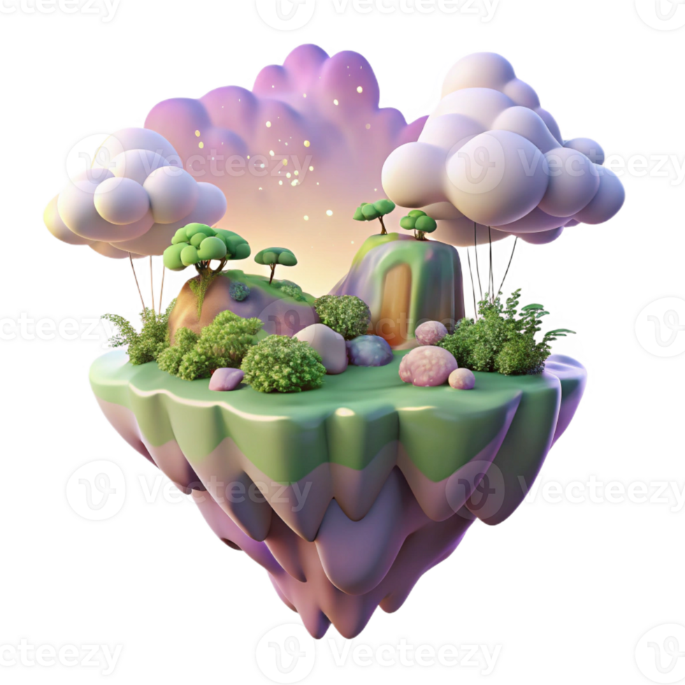 magnificent modern A floating island, covered in lush vegetation, drifting through a pastel-colored sky. Dreamlike, soft lighting. Fantasy art style authentic png