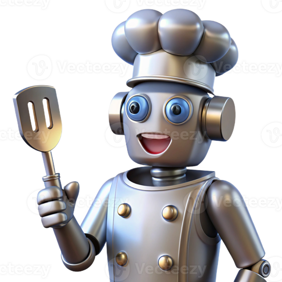 extraordinary modern A sleek robot chef holding a spatula and wearing a chef's hat, metallic sheen, spotlight from the front, retro-futuristic cartoon style original png