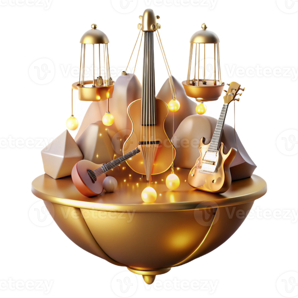 stunning vintage A floating island composed of musical instruments, connected by shimmering strings of light, bathed in soft golden light, Art Deco style professional png