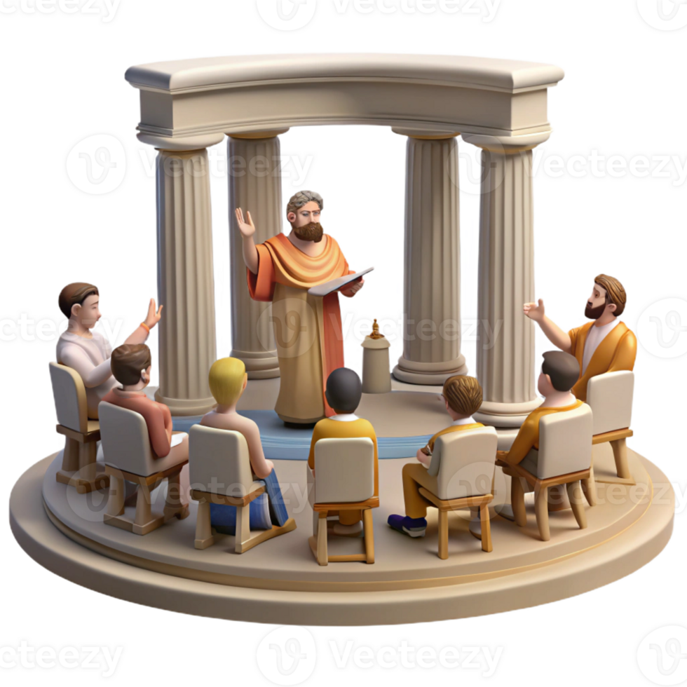 impressive contemporary An ancient Greek philosopher lecturing to his students in an open-air amphitheater, bathed in the warm sunlight. Classical, realistic style high quality png