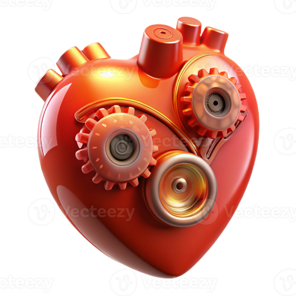 serene traditional A close-up of a mechanical heart, its gears turning slowly, lit by a pulsating red light. Biomechanical and surreal style authentic png