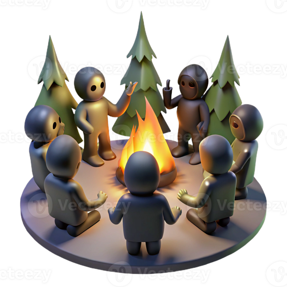serene creative A group of shadowy figures chanting around a bonfire in a dark forest. Firelight casting flickering shadows. Cult horror, folk horror style authentic png