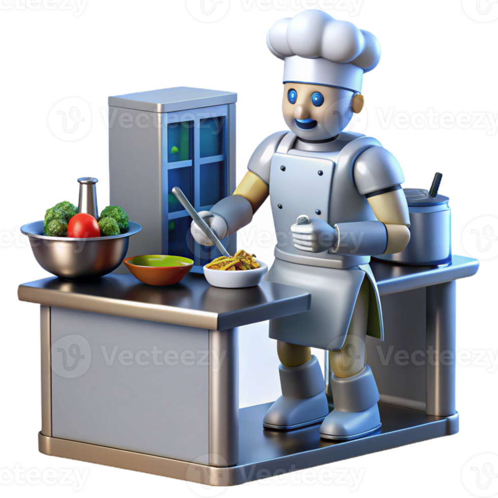extraordinary classic A robotic chef preparing a gourmet meal in a futuristic kitchen, illuminated by sleek, stainless steel appliances. Photorealistic style 4K png