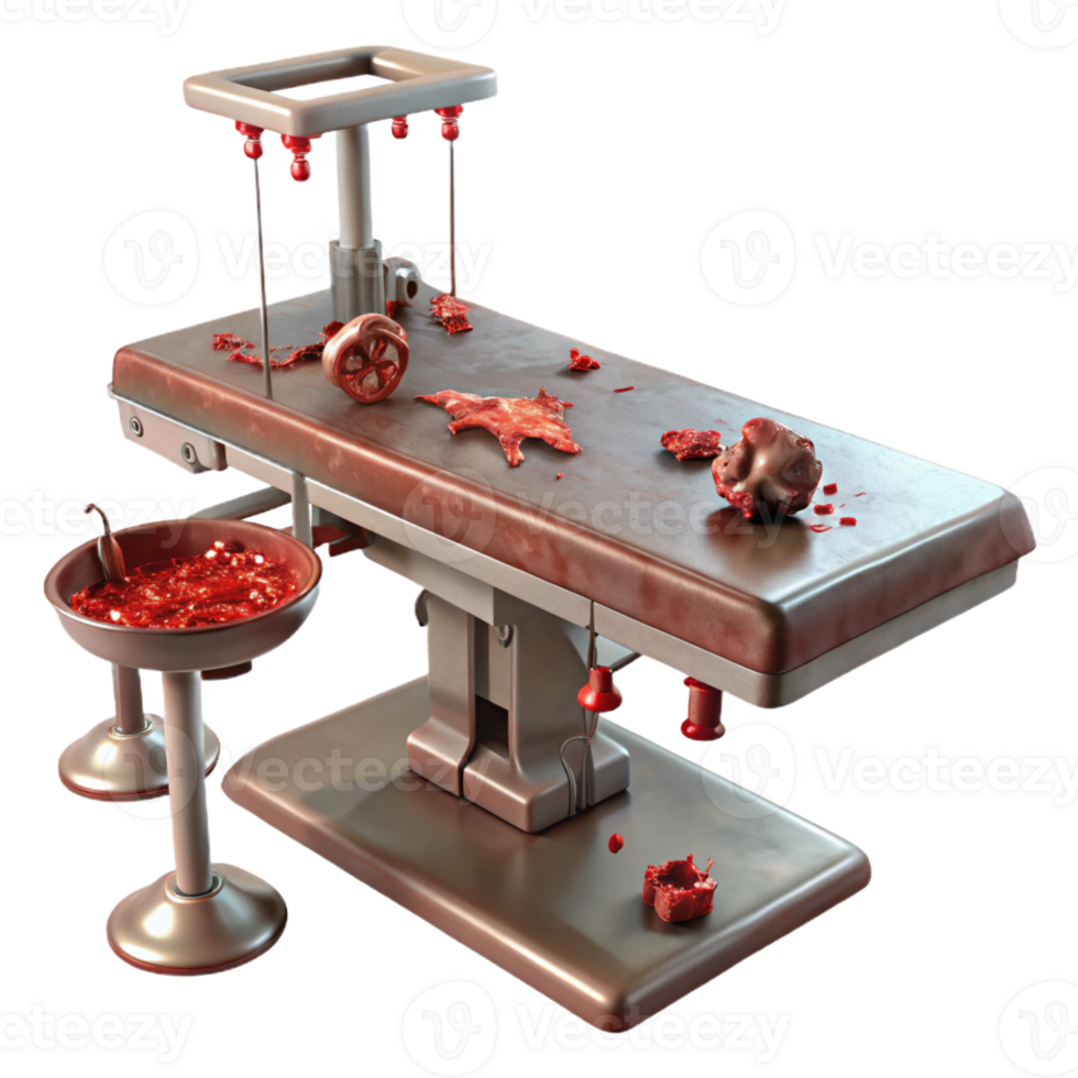 serene contemporary A blood-soaked operating table with rusty surgical instruments scattered around. Harsh fluorescent lighting. Medical horror, splatterpunk style professional png
