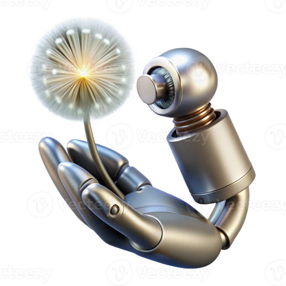 elegant contemporary A chrome robotic hand delicately holding a single dandelion seed, lit by a soft, warm spotlight from above, in a photorealistic style original png