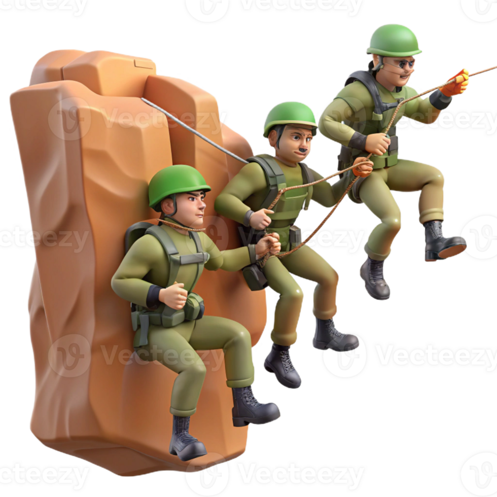 serene rustic A group of soldiers rappels down a cliff face, preparing for a surprise attack. Dynamic composition, action-adventure style professional png
