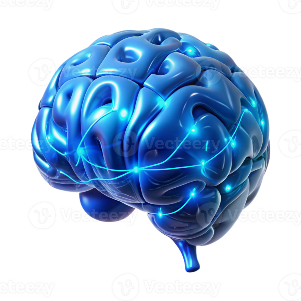 elegant artistic A holographic projection of a human brain, intricately detailed with neural pathways illuminated by electric blue light, rendered in a futuristic, minimalist style exclusive png