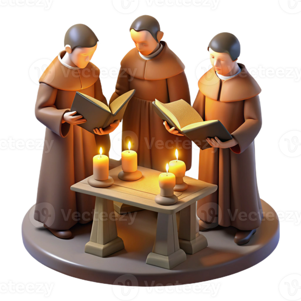 impressive vintage A group of monks meticulously illuminating a manuscript in a dimly lit scriptorium, lit by the warm glow of oil lamps, in a medieval miniature style high quality png