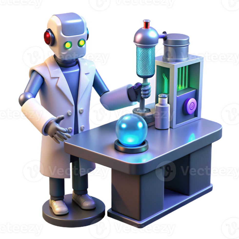 impressive contemporary A robotic scientist conducting an experiment in a high-tech laboratory, illuminated by the glow of monitors and equipment. Scientific illustration style exclusive png
