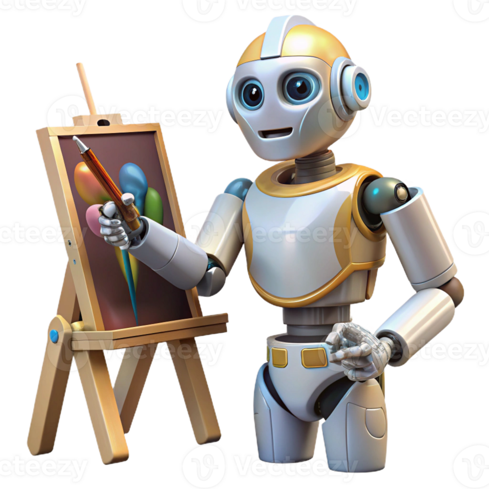 extraordinary vintage A robotic artist painting a portrait, its brushstrokes precise and delicate, under gallery lighting. Impressionist style high resolution png