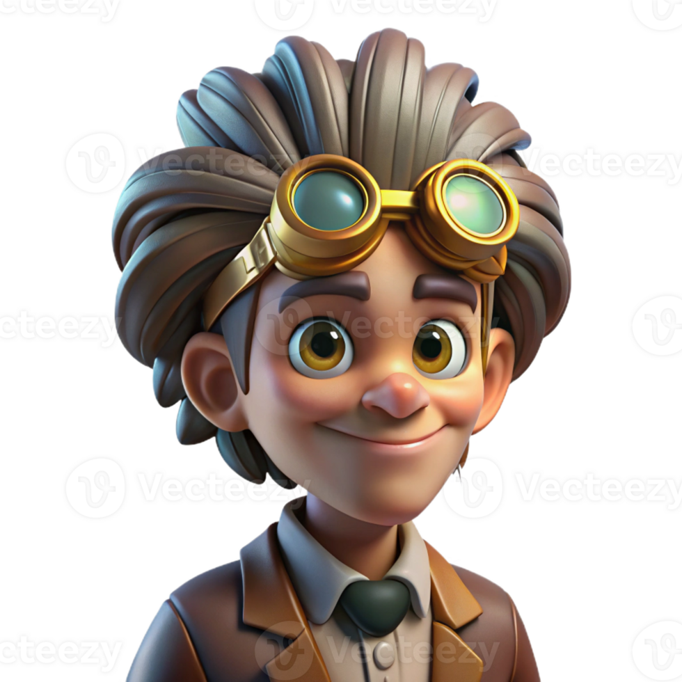 extraordinary abstract Portrait of a quirky inventor with goggles and wild hair, illuminated by the glow of a contraption, in a steampunk style premium png