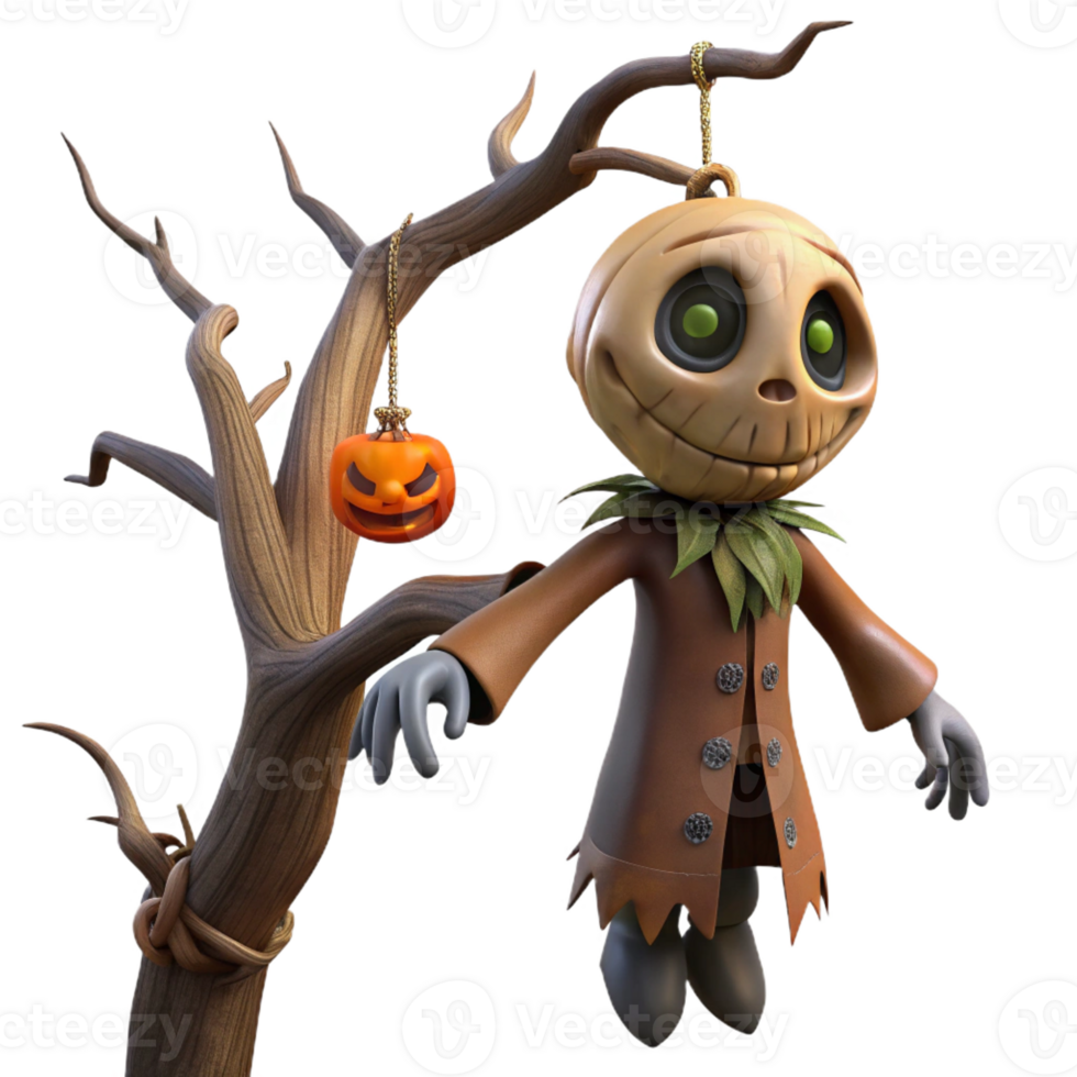 elegant vintage A decaying scarecrow with a stitched-on smile hanging from a gnarled tree in a desolate field. Harsh midday sun casting stark shadows. Rural horror, folk horror style high quality png